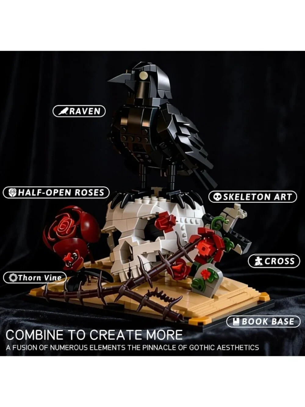 Gothic Skull & Raven Building Set - Unique Table Decor, Halloween Gift, 758 PCS